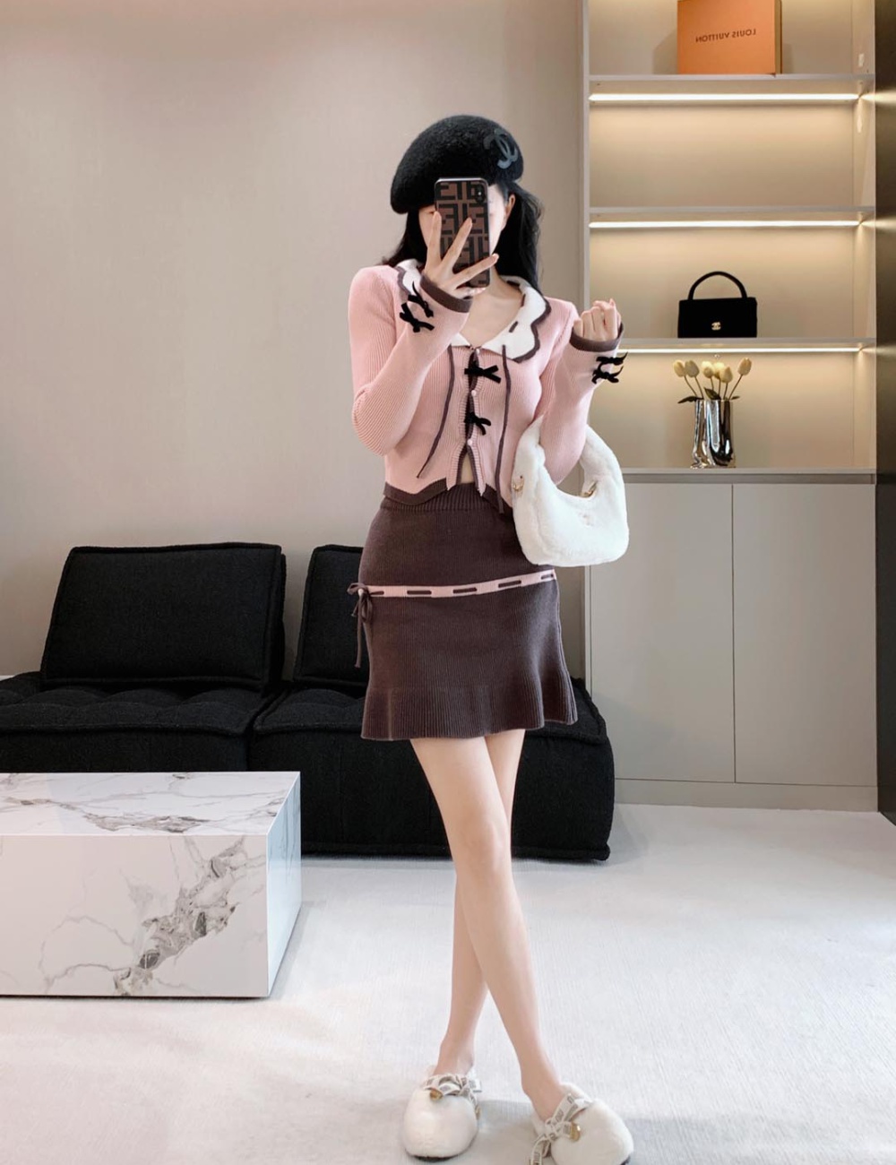 Autumn long sleeve tops bandage sweater 2pcs set