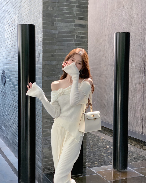 Autumn and winter mohair flat shoulder irregular white sweater