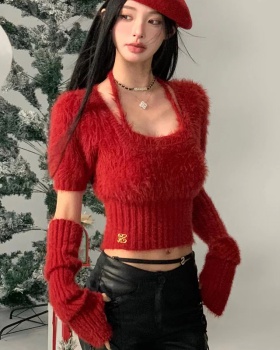 Red knitted christmas sweater autumn and winter short tops