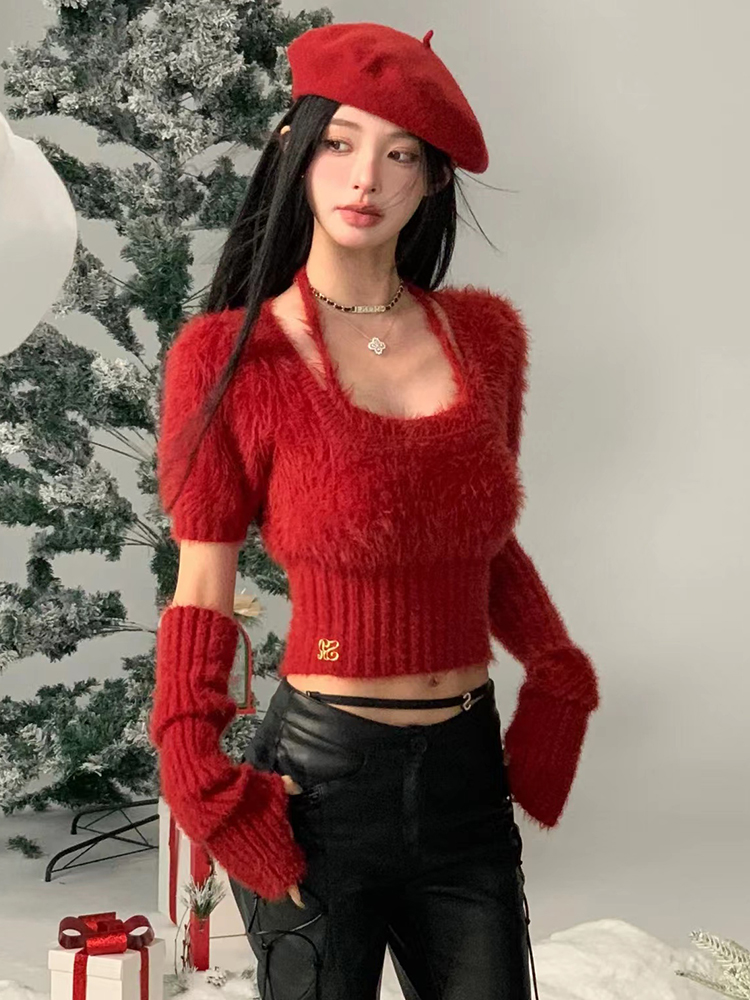 Red knitted christmas sweater autumn and winter short tops