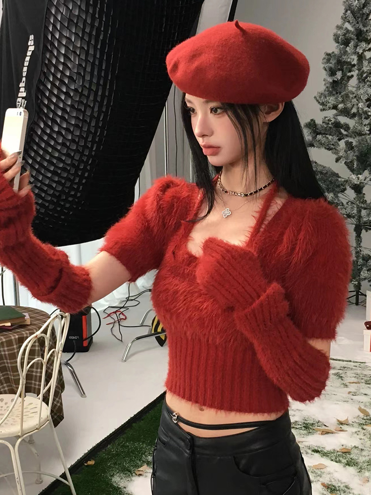 Red knitted christmas sweater autumn and winter short tops