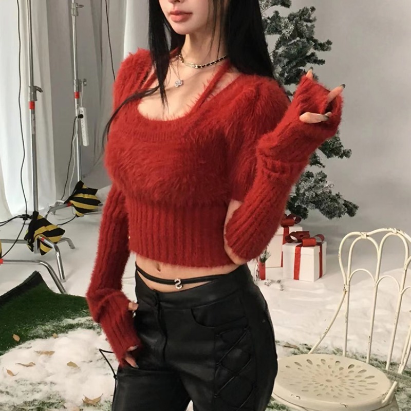 Red knitted christmas sweater autumn and winter short tops