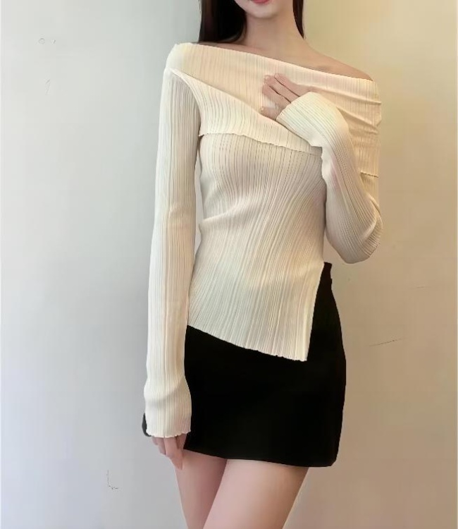 Slim hem flat shoulder pullover knitted Casual autumn thin tops