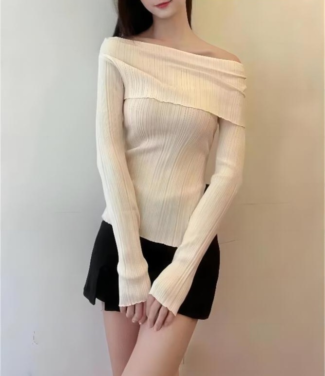 Slim hem flat shoulder pullover knitted Casual autumn thin tops