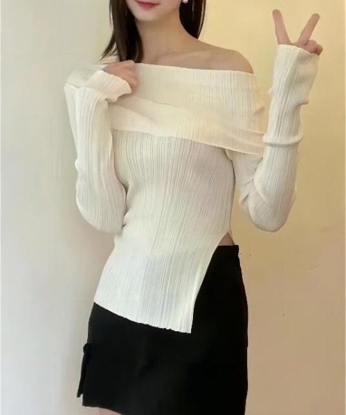 Slim hem flat shoulder pullover knitted Casual autumn thin tops