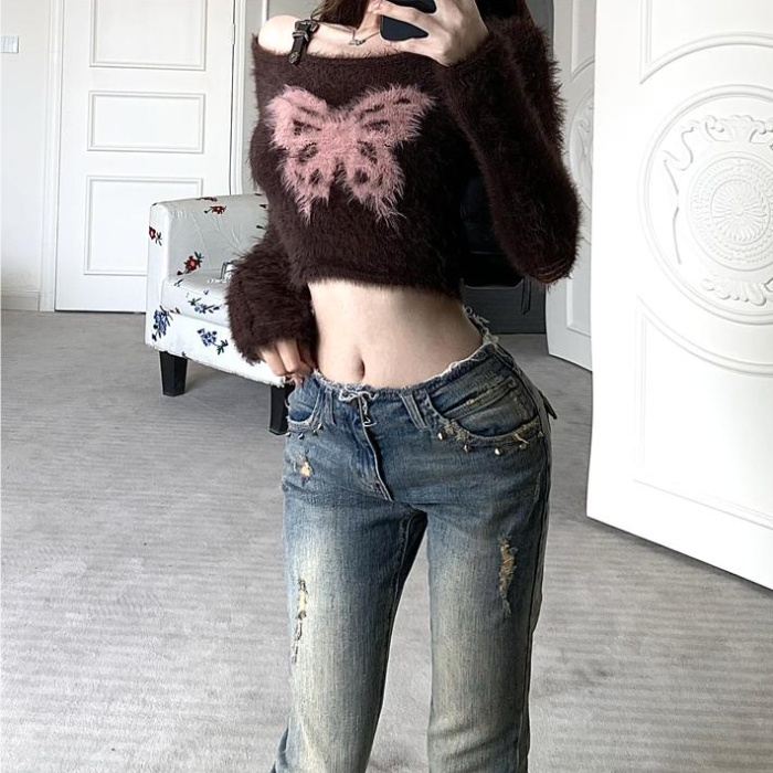 Strapless knitted lazy sweater autumn short tops