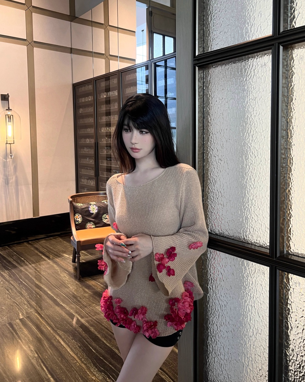 Flowers pullover autumn horizontal collar simple sweater