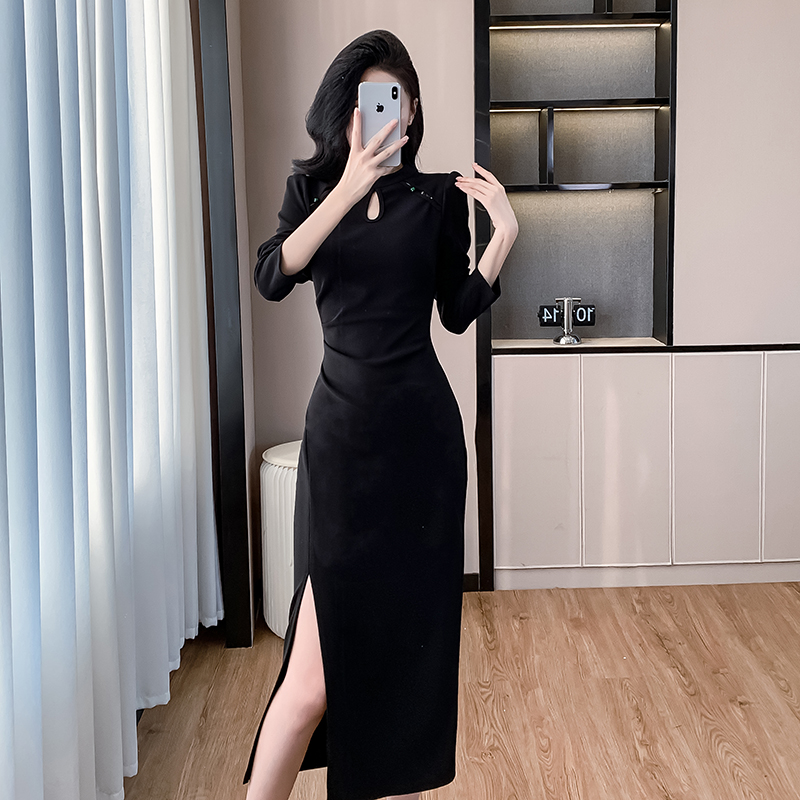 Temperament pinched waist autumn long slim ladies dress