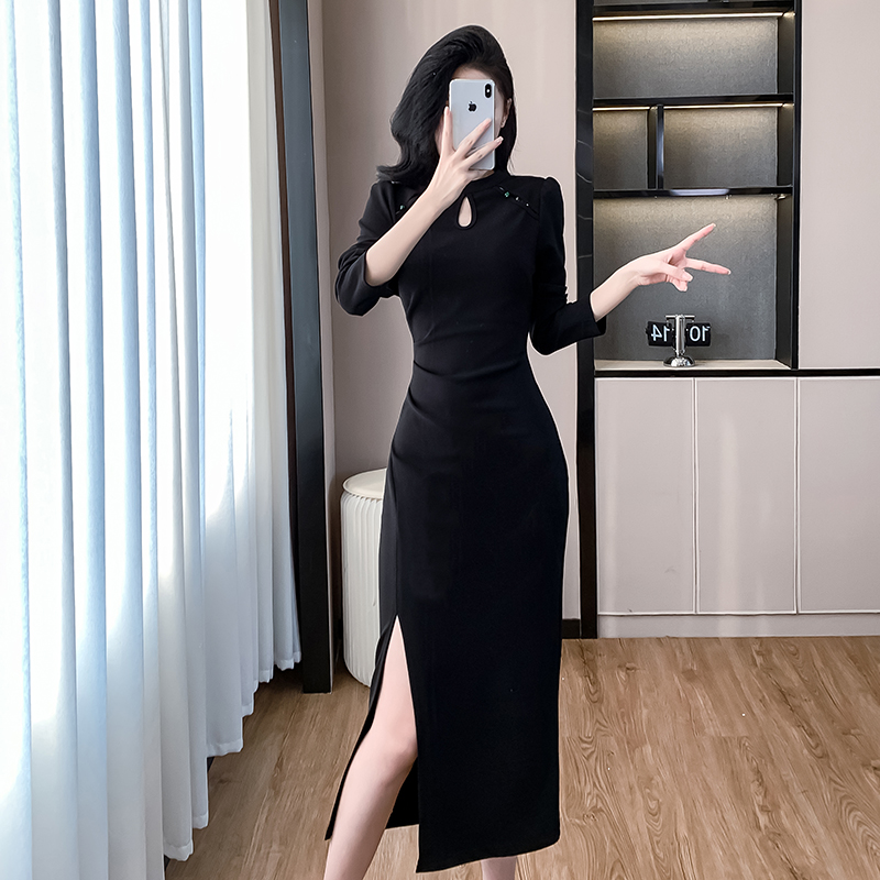 Temperament pinched waist autumn long slim ladies dress