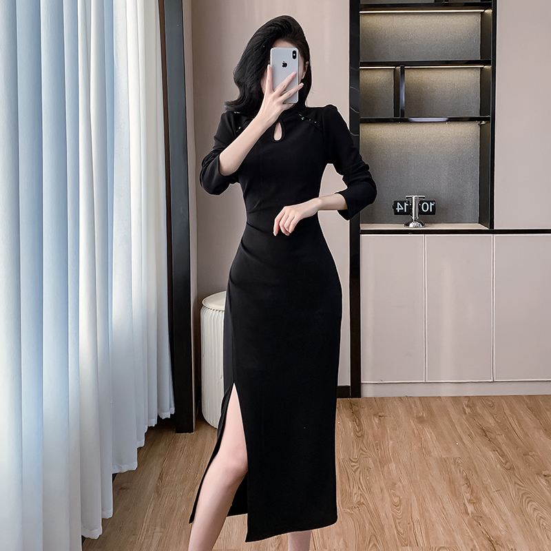 Temperament pinched waist autumn long slim ladies dress