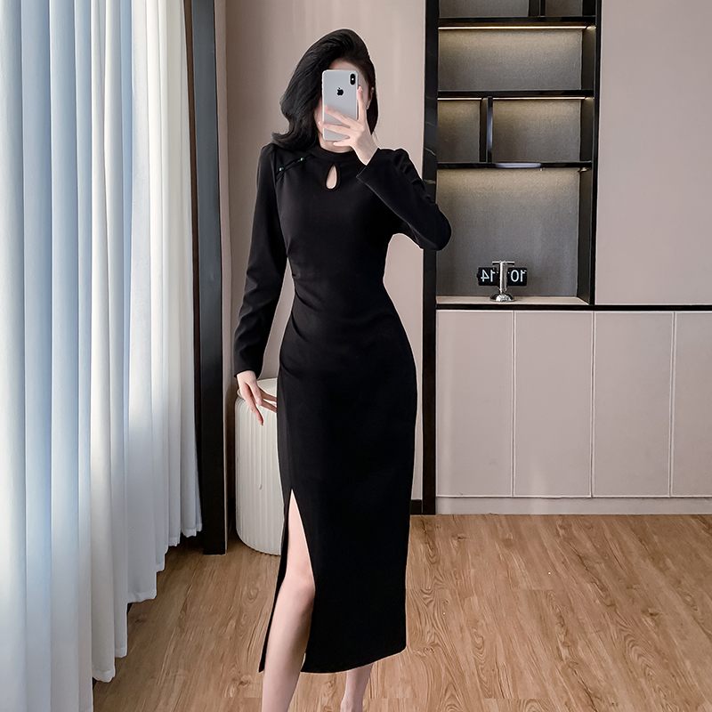 Temperament pinched waist autumn long slim ladies dress