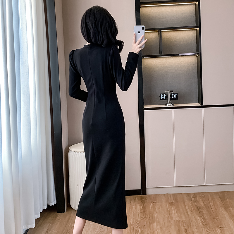 Temperament pinched waist autumn long slim ladies dress