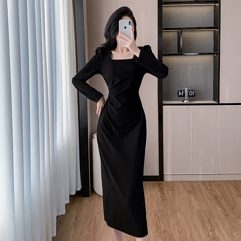 Square collar slim fold long autumn ladies pinched waist dress