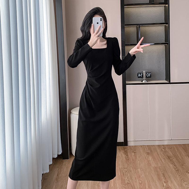 Square collar slim fold long autumn ladies pinched waist dress