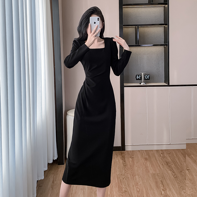 Square collar slim fold long autumn ladies pinched waist dress