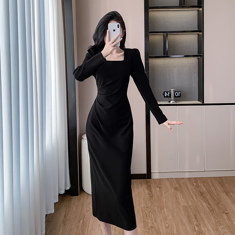 Square collar slim fold long autumn ladies pinched waist dress