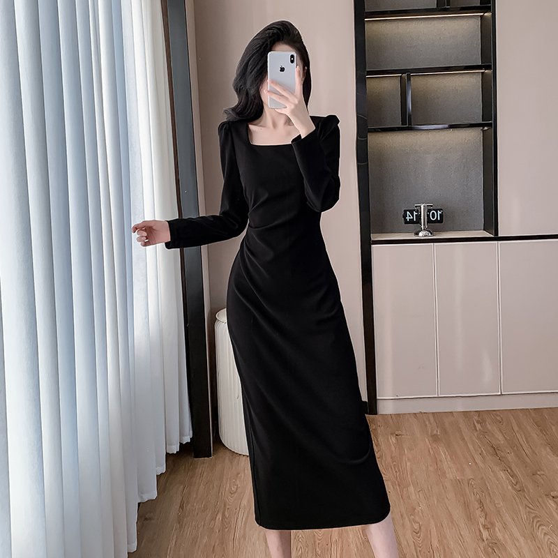 Square collar slim fold long autumn ladies pinched waist dress