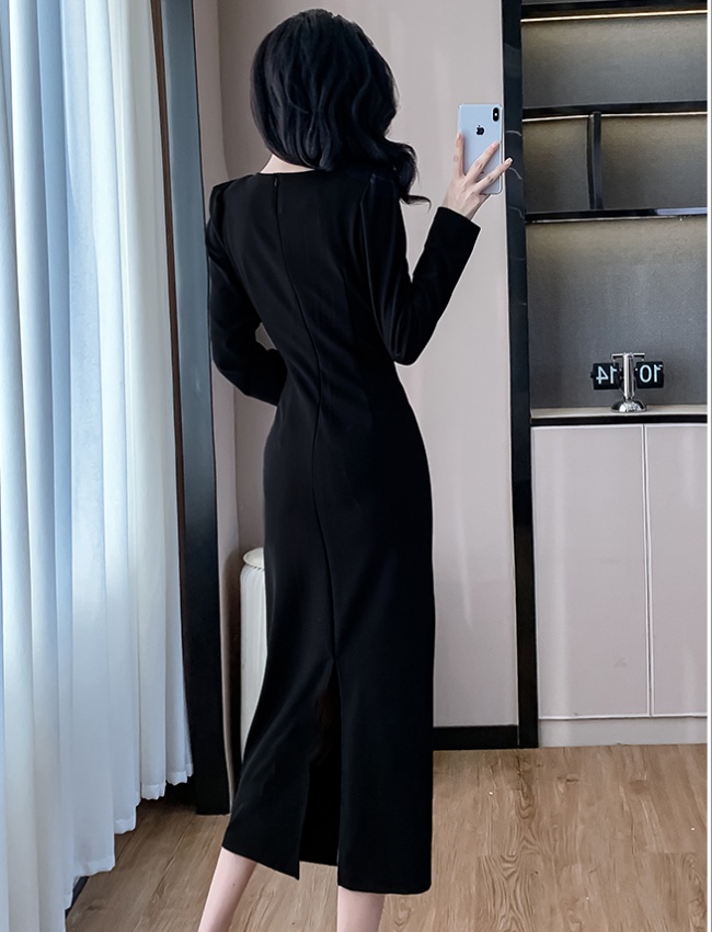 Square collar slim fold long autumn ladies pinched waist dress