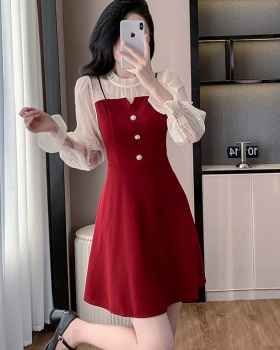 A-line short puff sleeve sweet autumn gauze sequins dress