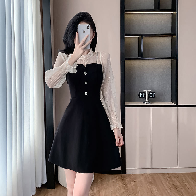 A-line short puff sleeve sweet autumn gauze sequins dress