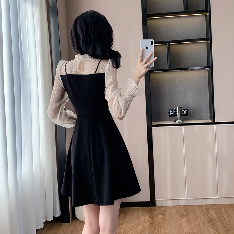 A-line short puff sleeve sweet autumn gauze sequins dress