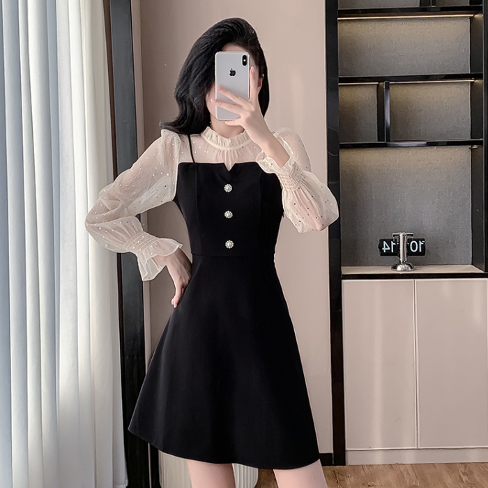 A-line short puff sleeve sweet autumn gauze sequins dress