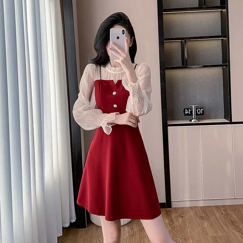 A-line short puff sleeve sweet autumn gauze sequins dress