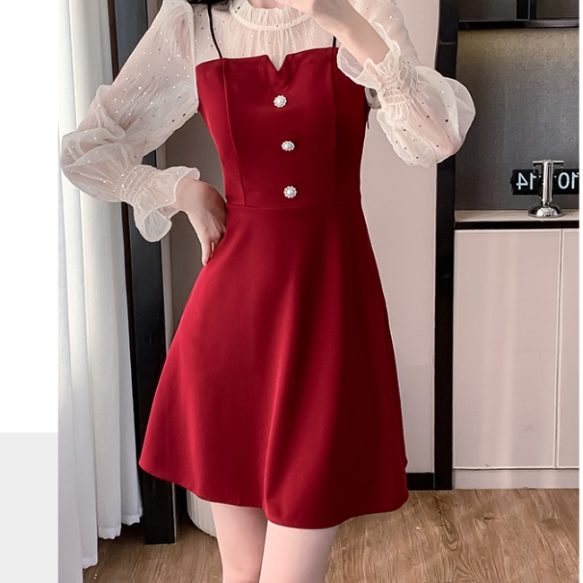 A-line short puff sleeve sweet autumn gauze sequins dress