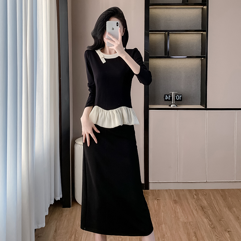 Lotus leaf edges bow Korean style slim skirt 2pcs set