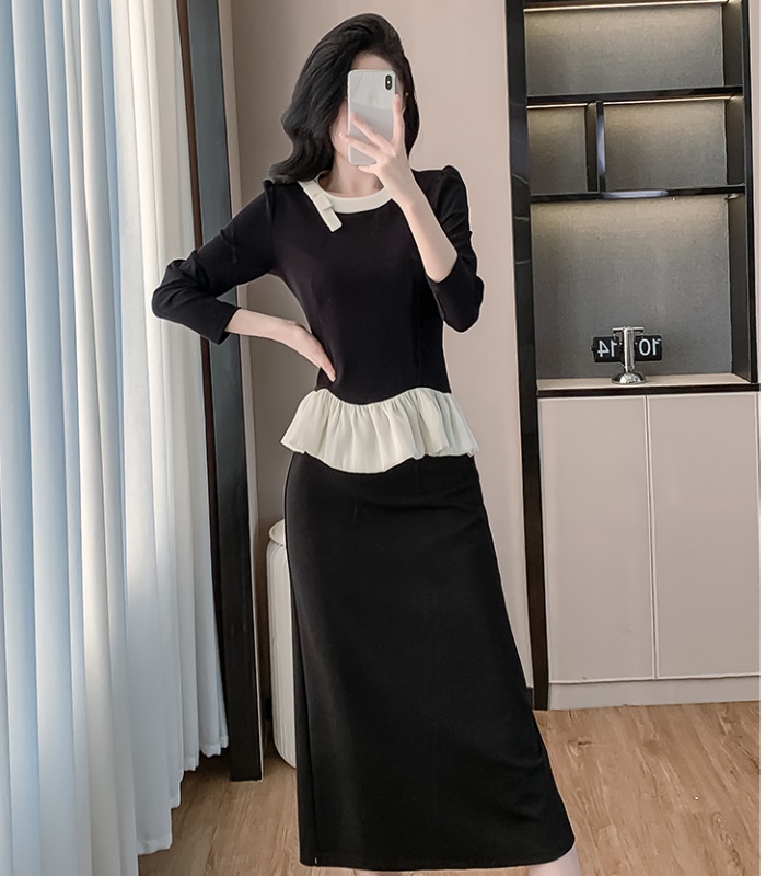 Lotus leaf edges bow Korean style slim skirt 2pcs set