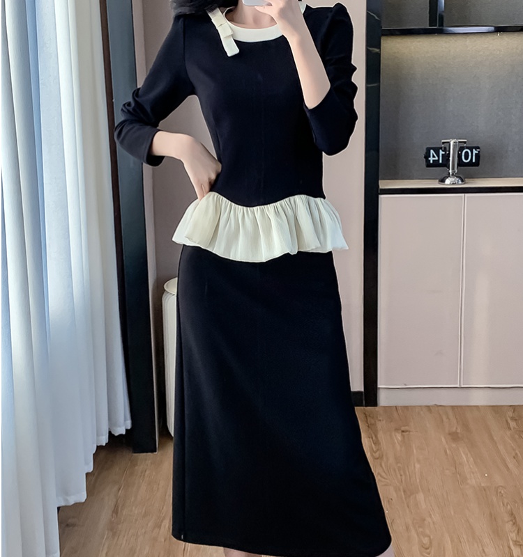 Lotus leaf edges bow Korean style slim skirt 2pcs set