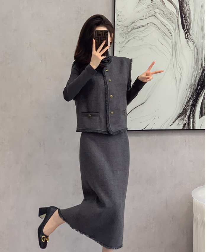 Temperament long sleeve skirt ladies waistcoat 3pcs set