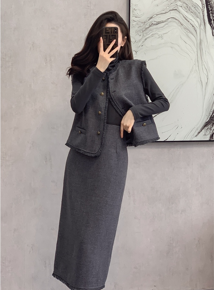 Temperament long sleeve skirt ladies waistcoat 3pcs set