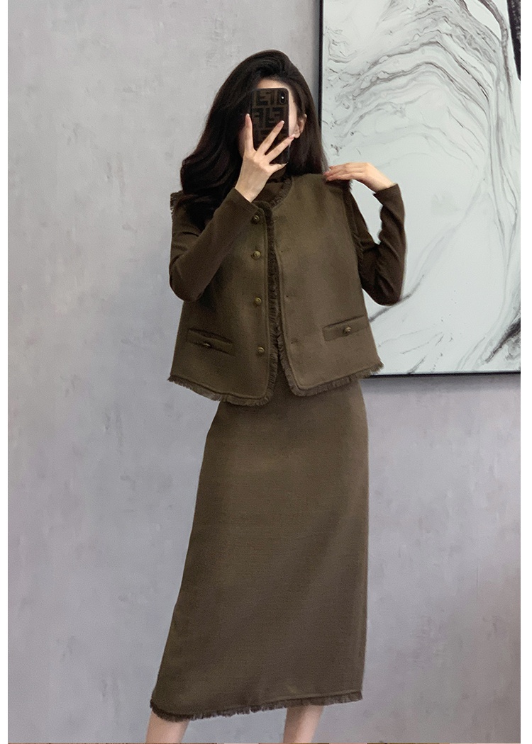 Temperament long sleeve skirt ladies waistcoat 3pcs set