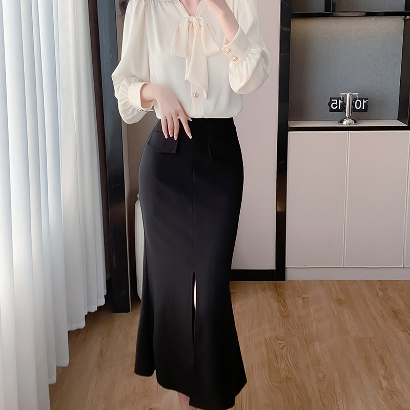 Apricot satin tops split skirt 2pcs set