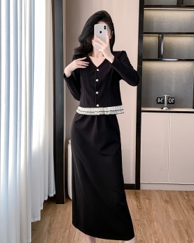 Long single-breasted V-neck autumn skirt 2pcs set