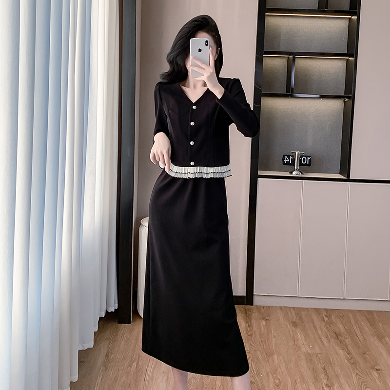 Long single-breasted V-neck autumn skirt 2pcs set