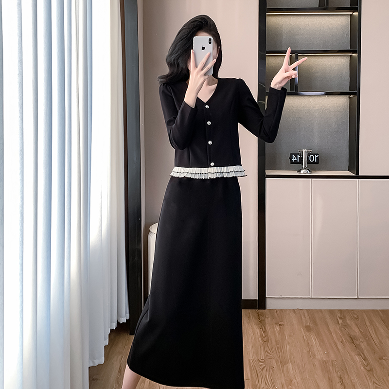 Long single-breasted V-neck autumn skirt 2pcs set