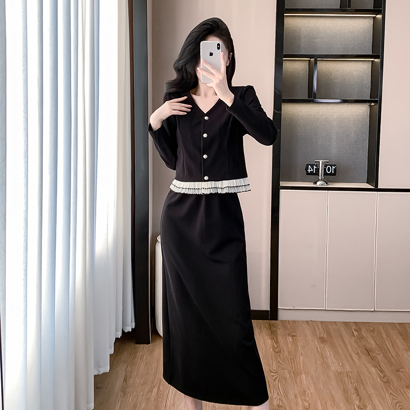 Long single-breasted V-neck autumn skirt 2pcs set