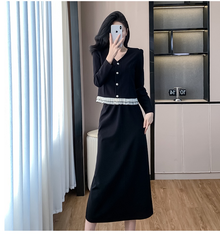 Long single-breasted V-neck autumn skirt 2pcs set