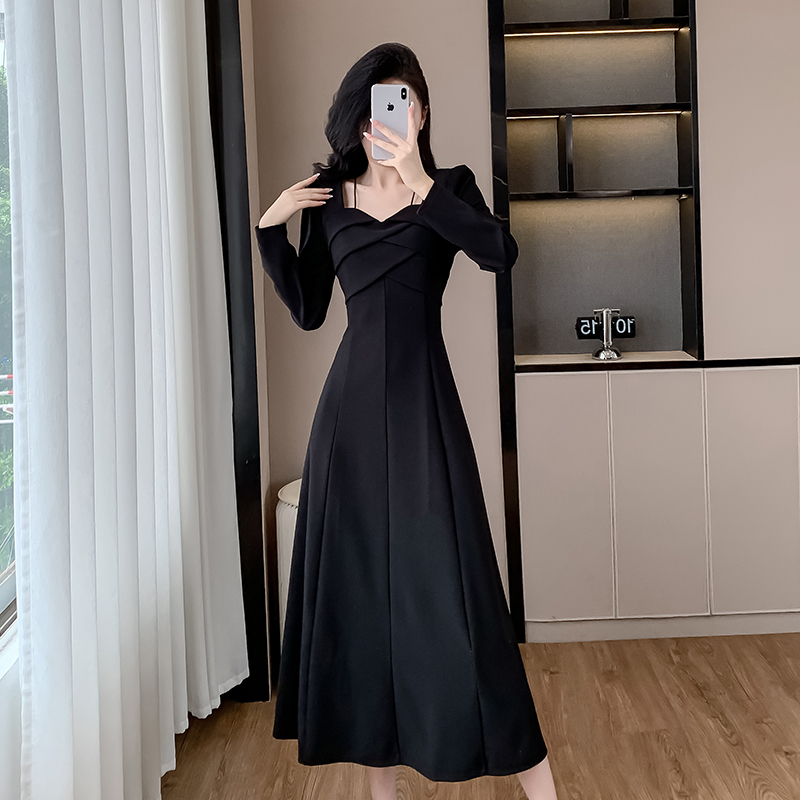 Autumn square collar long temperament ladies dress