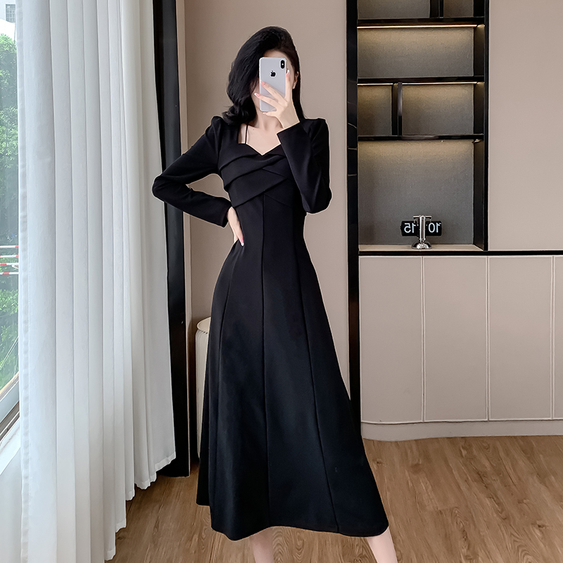 Autumn square collar long temperament ladies dress