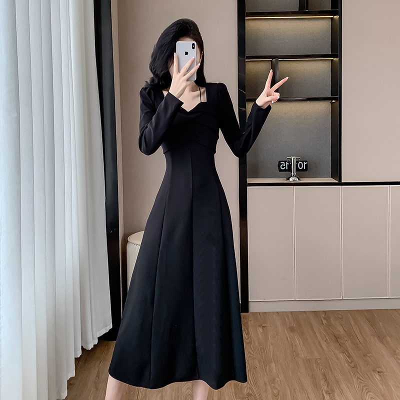 Autumn square collar long temperament ladies dress