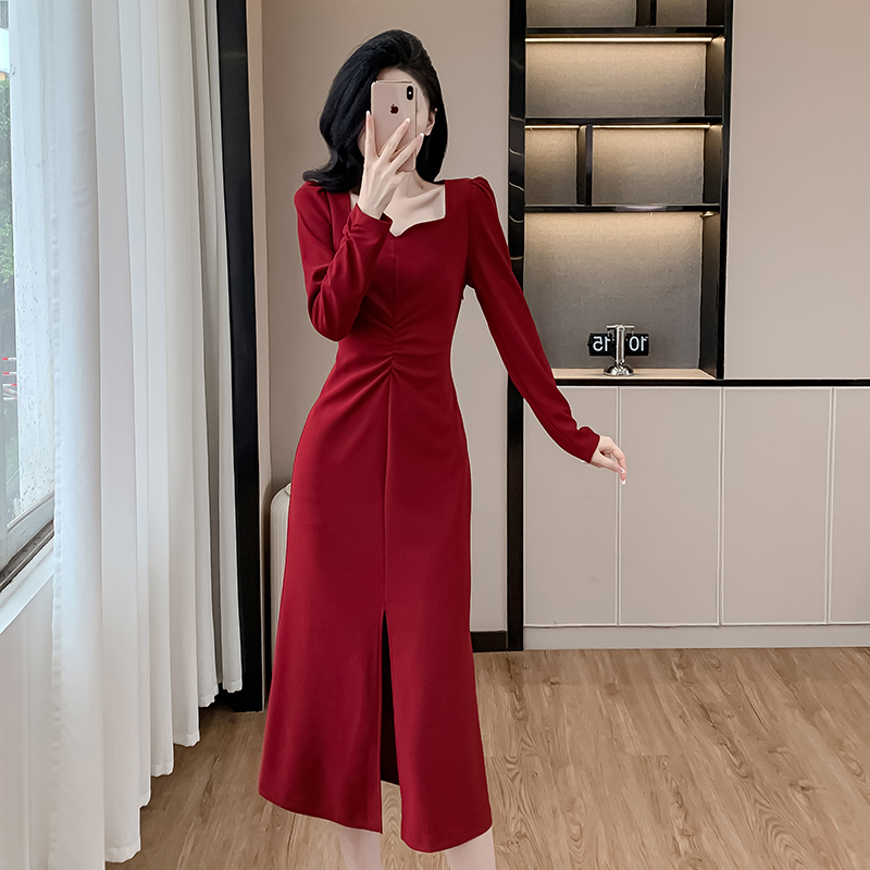 Simple autumn elasticity package hip long dress