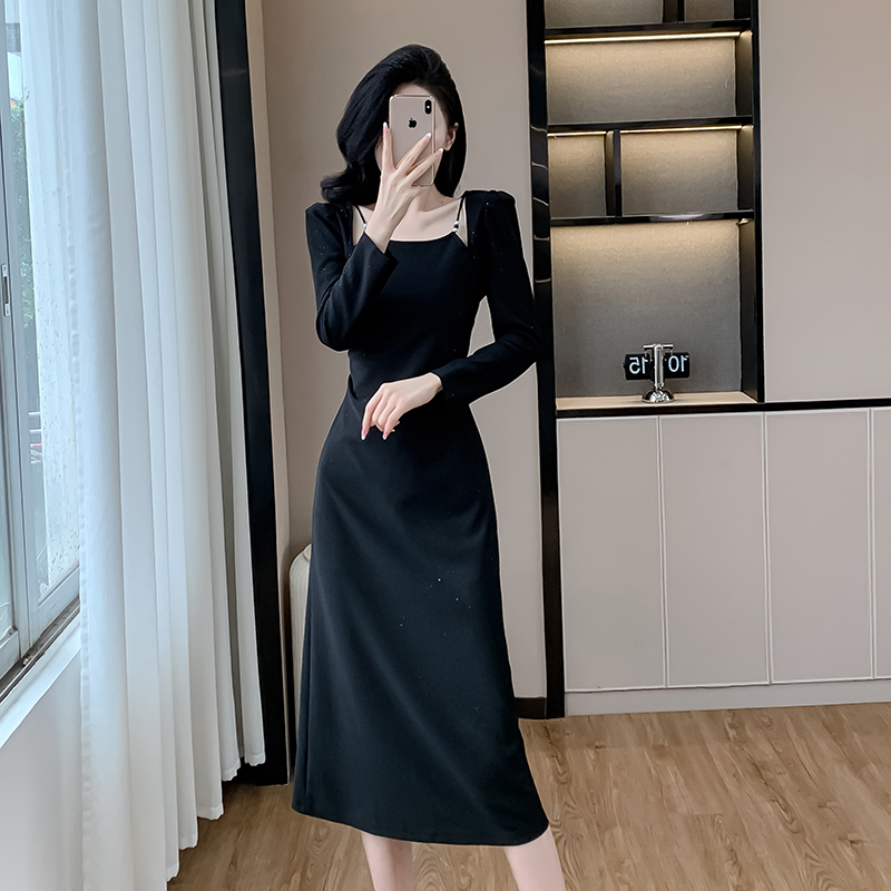 Autumn France style slim ladies long elasticity dress