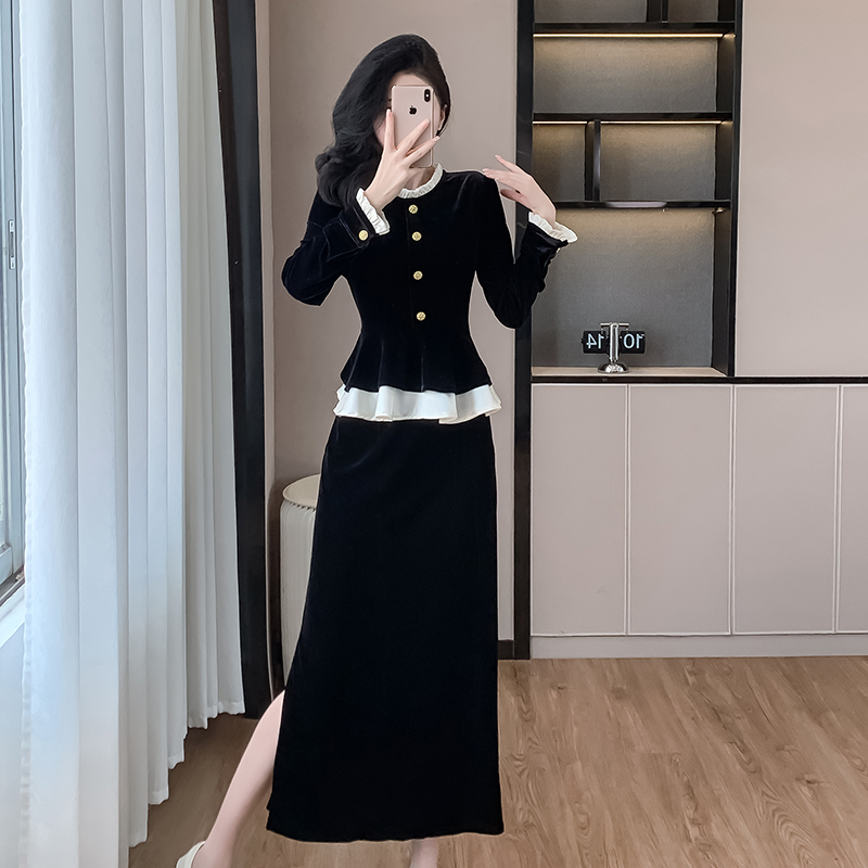 Ladies temperament round neck long skirt 2pcs set