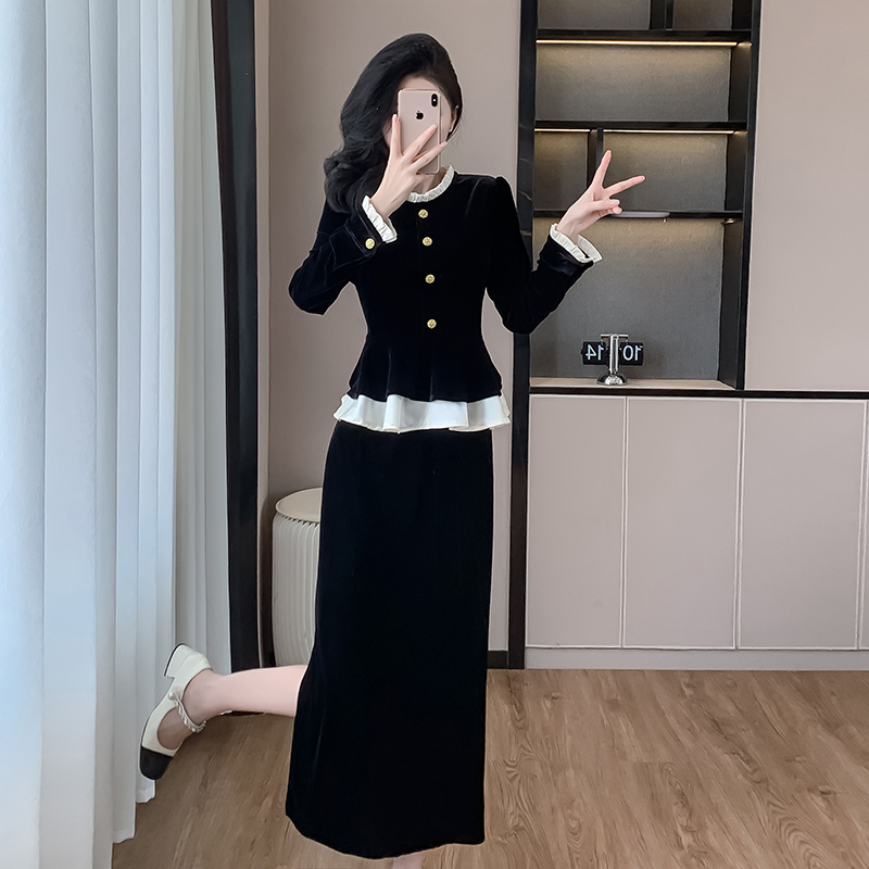 Ladies temperament round neck long skirt 2pcs set