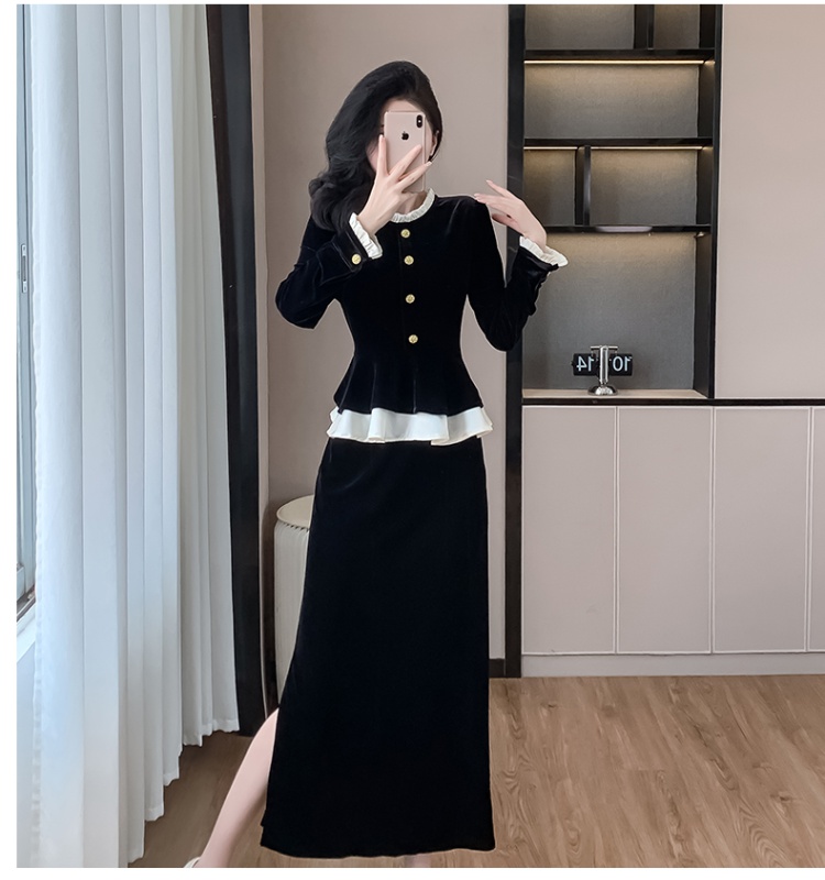 Ladies temperament round neck long skirt 2pcs set