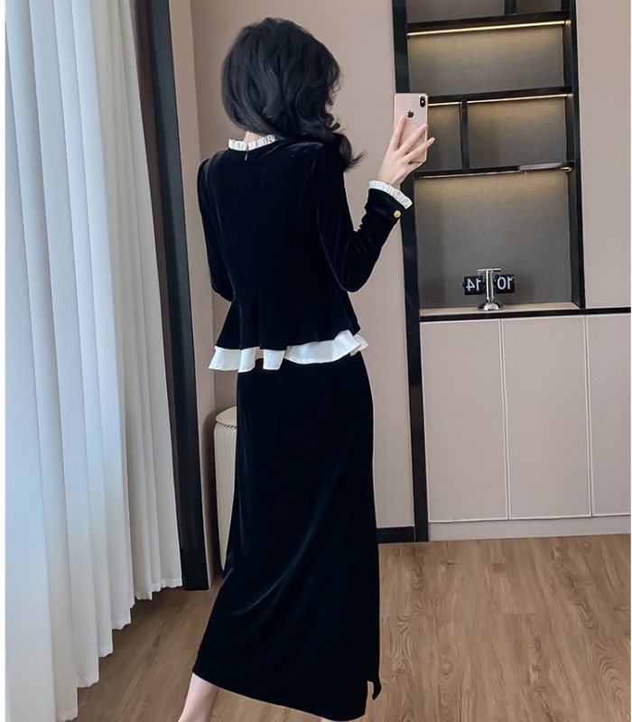 Ladies temperament round neck long skirt 2pcs set