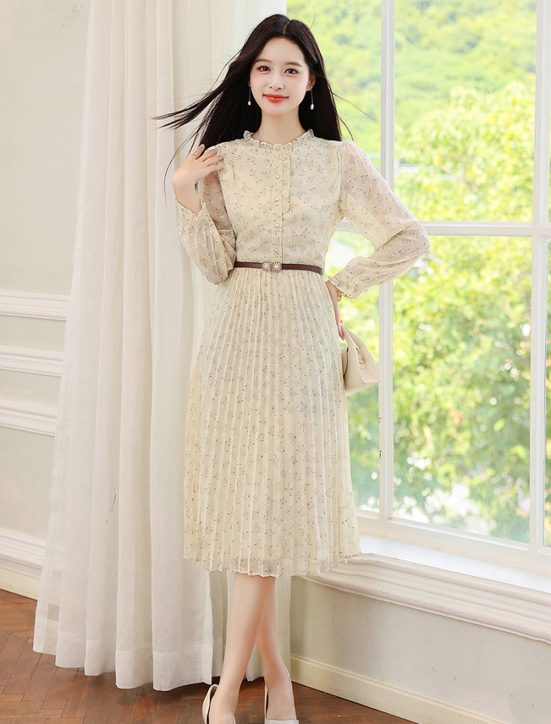 Pinched waist apricot chiffon pleated dress for women